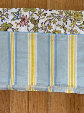 Williams Sonoma Tablecloth 70"x 105" Yellow Blue Jacobean Floral Pattern Striped